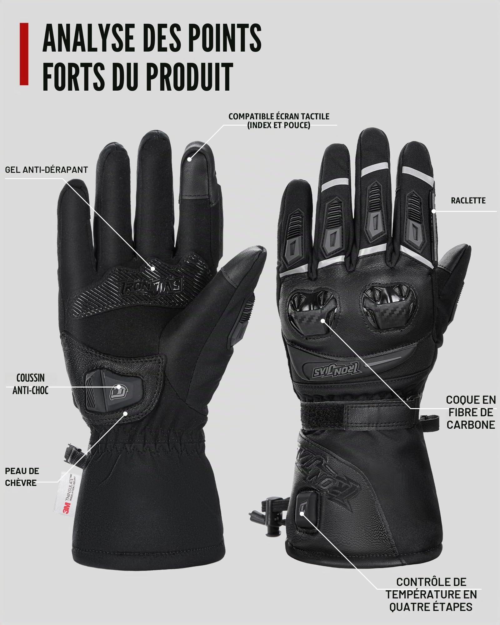 IRON JIA'S Gants Chauffants Moto 3000mAh 2025 Upgrade Contrôle Intelligent de la température,Gants Chauffants USB Hommes Femmes,Gant Moto Hiver pour extérieur avec 4 Niveaux de Chauffage
