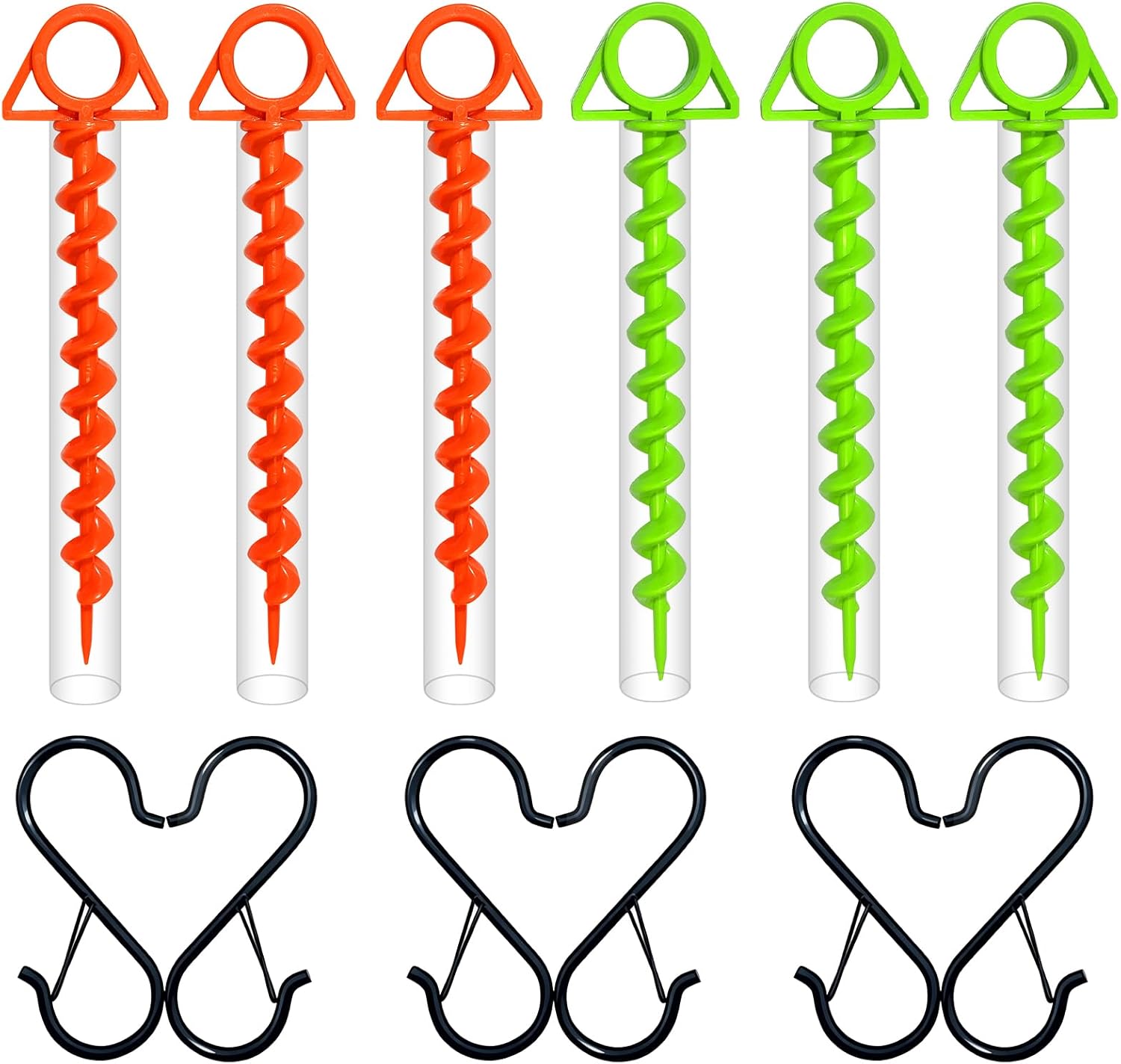 FeatherHold Heavy Duty Spiral Ground Anchors, Orange Screw in Tent Stakes for High Wind, Plastic Corkscrew Pegs for Trampoline, Canopy, Sand Beach, Yard Inflatables & Dog Tie Out (6 Pack)