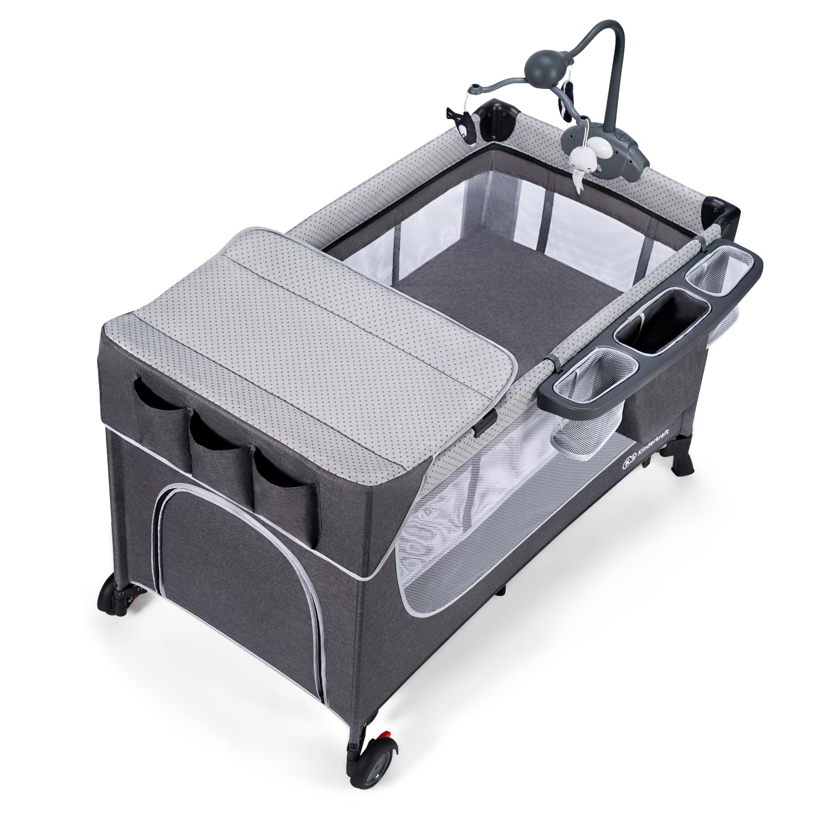 Kinderkraft LEODY Reisebett Baby mit Schlaffläche 120 x 60 cm, Mobile mit Melodien Lichtern und Spielsachen, Höhenverstellbar, schnelle Zusammenklappen, Luftzirkulation, Transporttasche, Grau