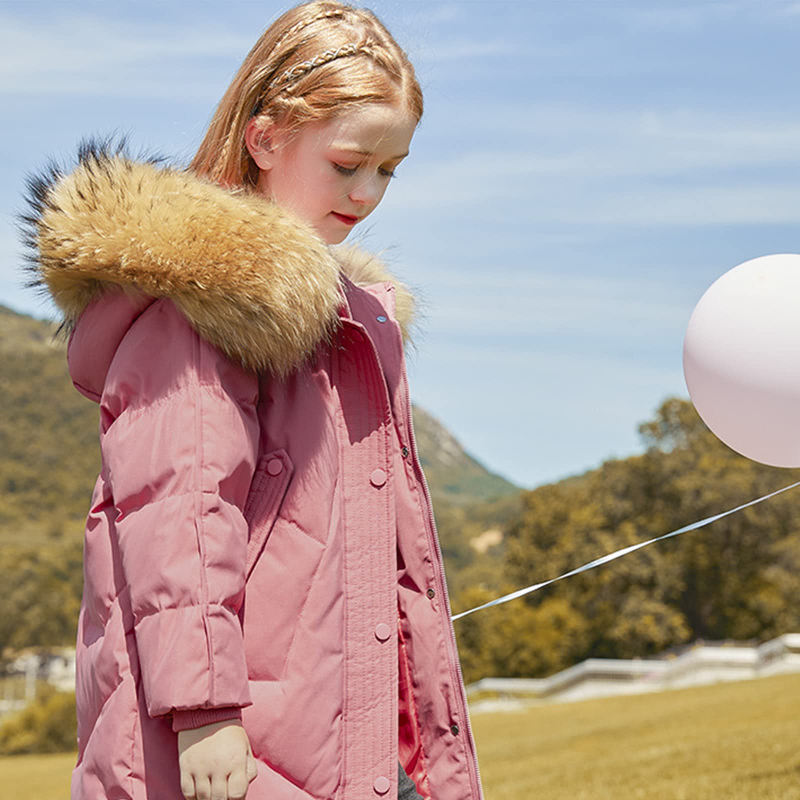 Piumino per Bambini di Media Lunghezza con Collo di Pelliccia per Ragazze Inverno Soffice Piumino D'Anatra Bianco Cappotto Addensato Abbigliamento Caldo Dolce,Black,8T(140CM)