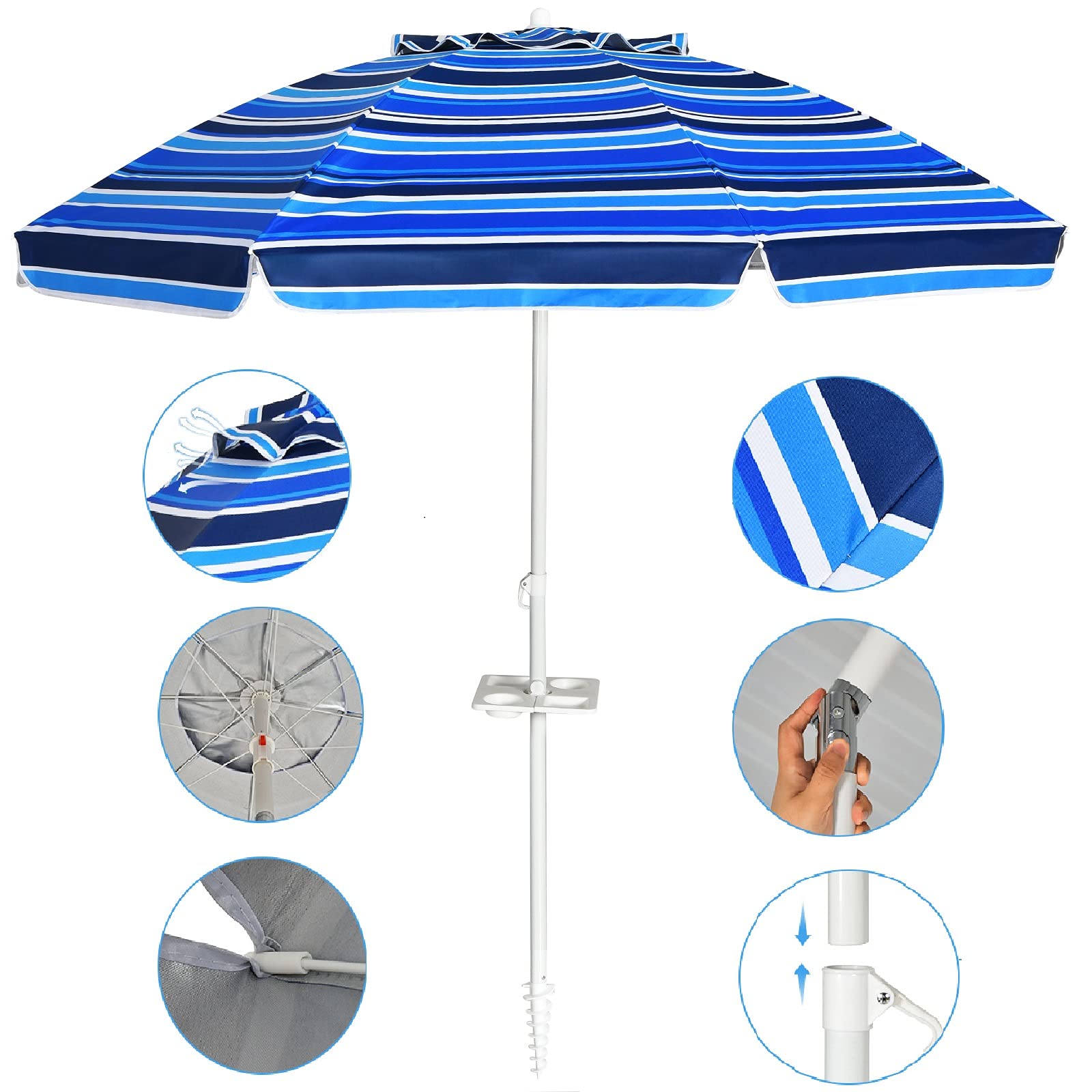 GIANTEX Ombrellone da Giardino Inclinabile da 220 cm con Ancoraggio, Portabicchieri e Borsa per il Trasporto, Parasole Rotondo per Spiaggio Giardino（blu）