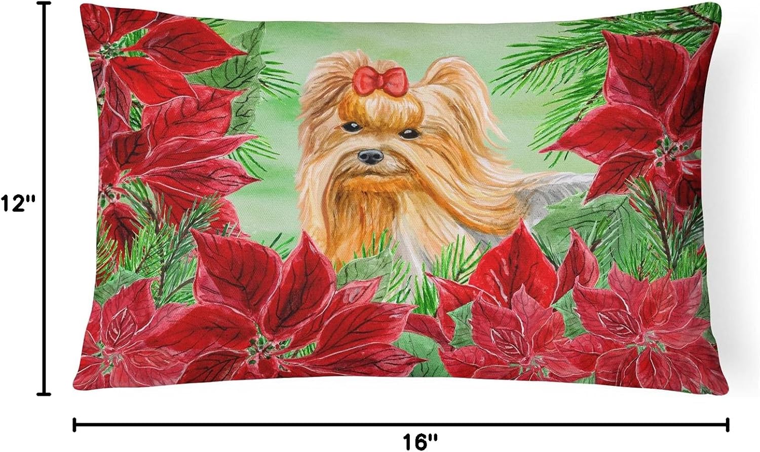 Caroline's Treasures CK1333PW1216 Yorkshire Terrier Poinsettas Canvas Fabric Decorative Pillow 100% Machine Washable Pillow, Indoor or Outdoor Decorative Throw Pillow for Couch, Bed or Patio