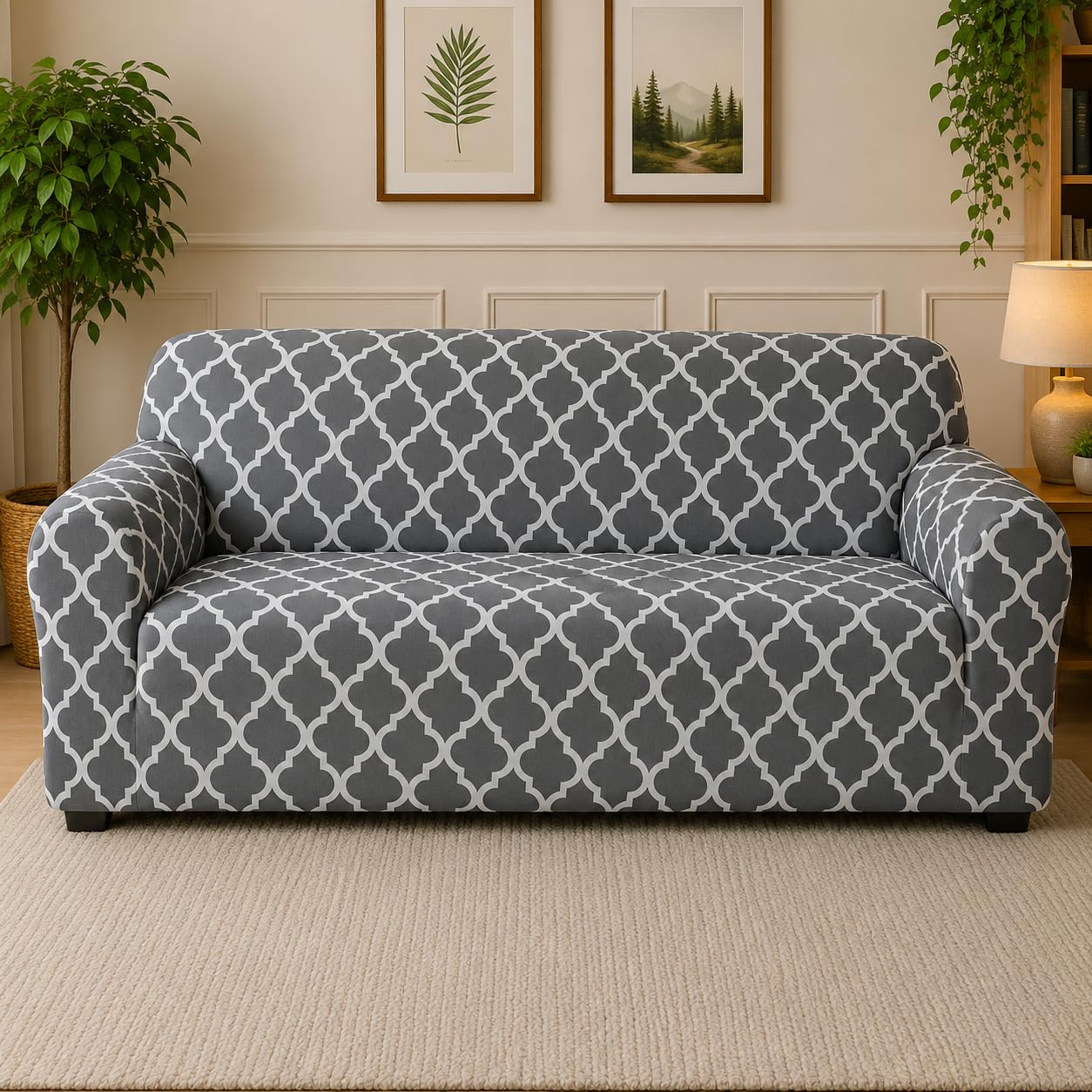 Gifts Island 160GSM Polyester Spandex Grey Diamond Stretchable Sofa Cover 3 Seater Fully Covered | Soft Full-Coverage Non-Slip Elastic Washable 3 Seater Sofa Cover for Living Room (Grey Diamond)-image-11