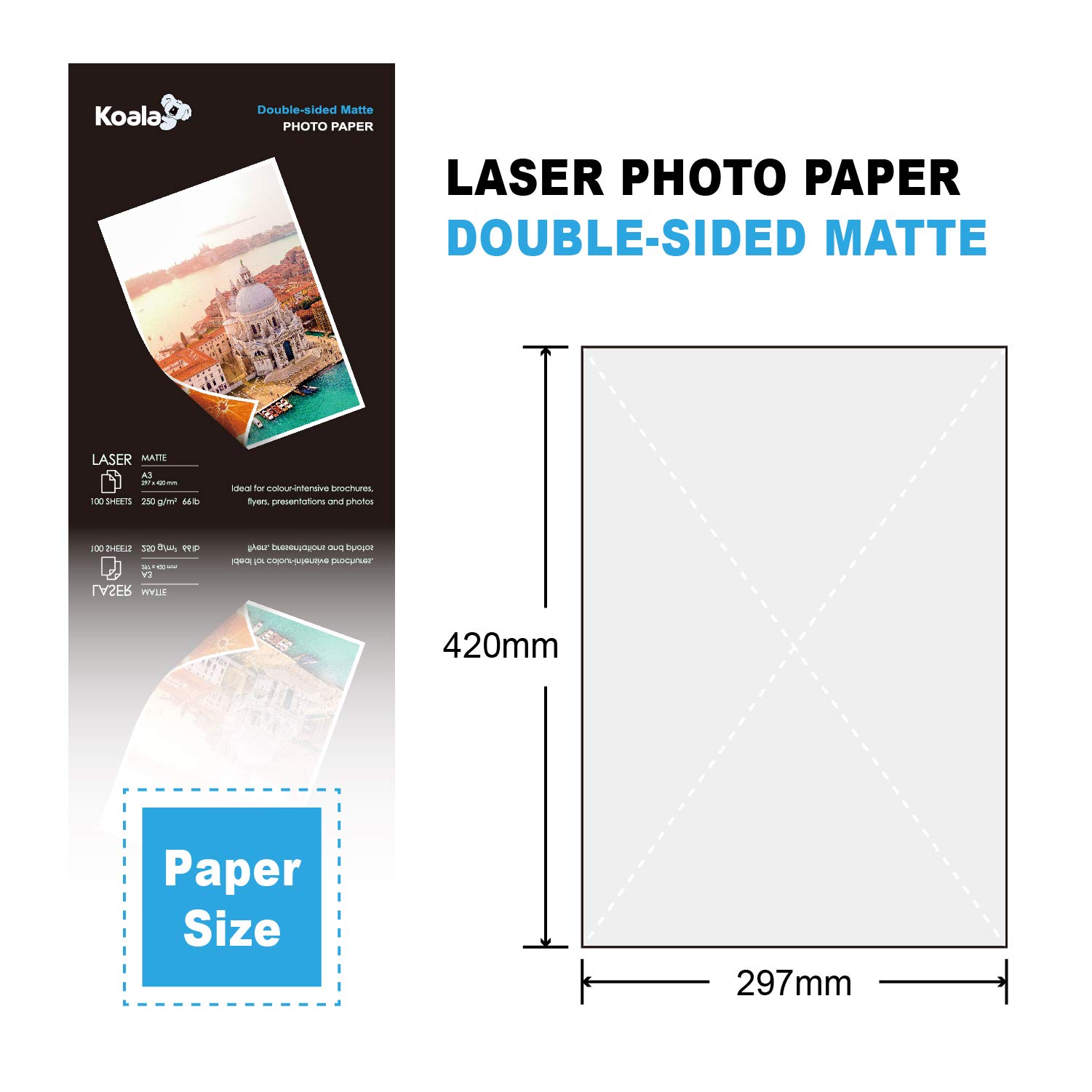 KOALA Carta fotografica Opaca Fronte-Retro per stampante LASER, A3, 250 g/m², 100 fogli. Adatto per la stampa di Foto, Brochure, Certificati, Opuscoli, Volantini, Biglietti, Calendari, Copertine
