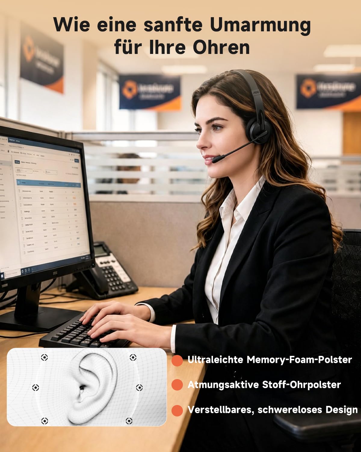 AOC 3-in-1 Bluetooth Headset mit Mikrofon Mono Headset Kabellos 2.4G Dongle | Bluetooth Headset mit AI ENC Geräuschunterdrückung, 45H Akku PC Headset für LKW-Fahrer, Home-Office, Call Center