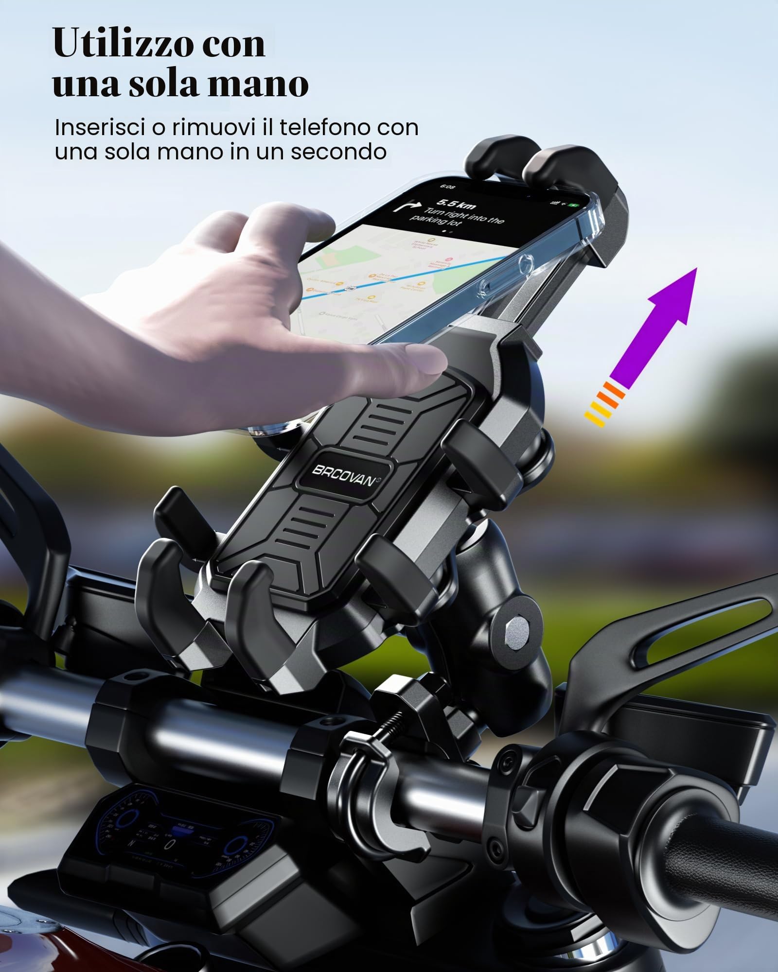 BRCOVAN Supporto per telefono da moto con antivibrazioni, supporto per telefono da moto, manubrio regolabile, per moto, bici, scooter, ATV, adatto per smartphone da 13,7 a 18,2 cm