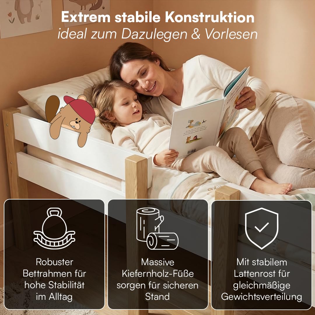 Bellabino Aspy Kinderbett 90x200 cm – Hochbett mit Rausfallschutz & Lattenrost – Halbhochbett mit Leiter aus Kiefer Massivholz in Weiß/Natur – Jugendbett für Jungen und Mädchen