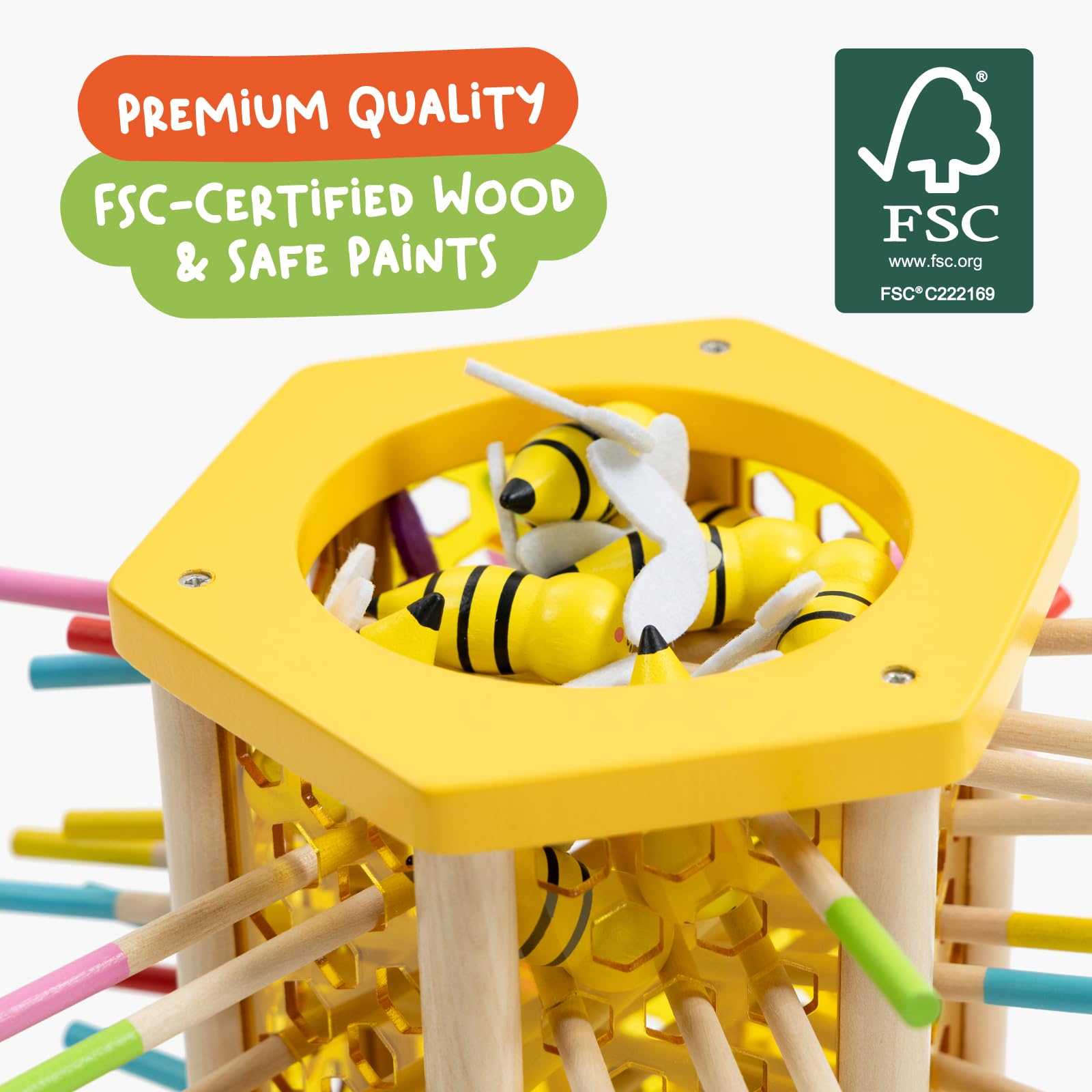 Nene Toys BEEFALL – Duża gra edukacyjna 4-w-1 z pszczołami – Drewniana gra Montessori dla dzieci 3-9 lat z kolorowymi patyczkami, kostkami i kartami – Zabawka rozwojowa dla chłopców i dziewczynek