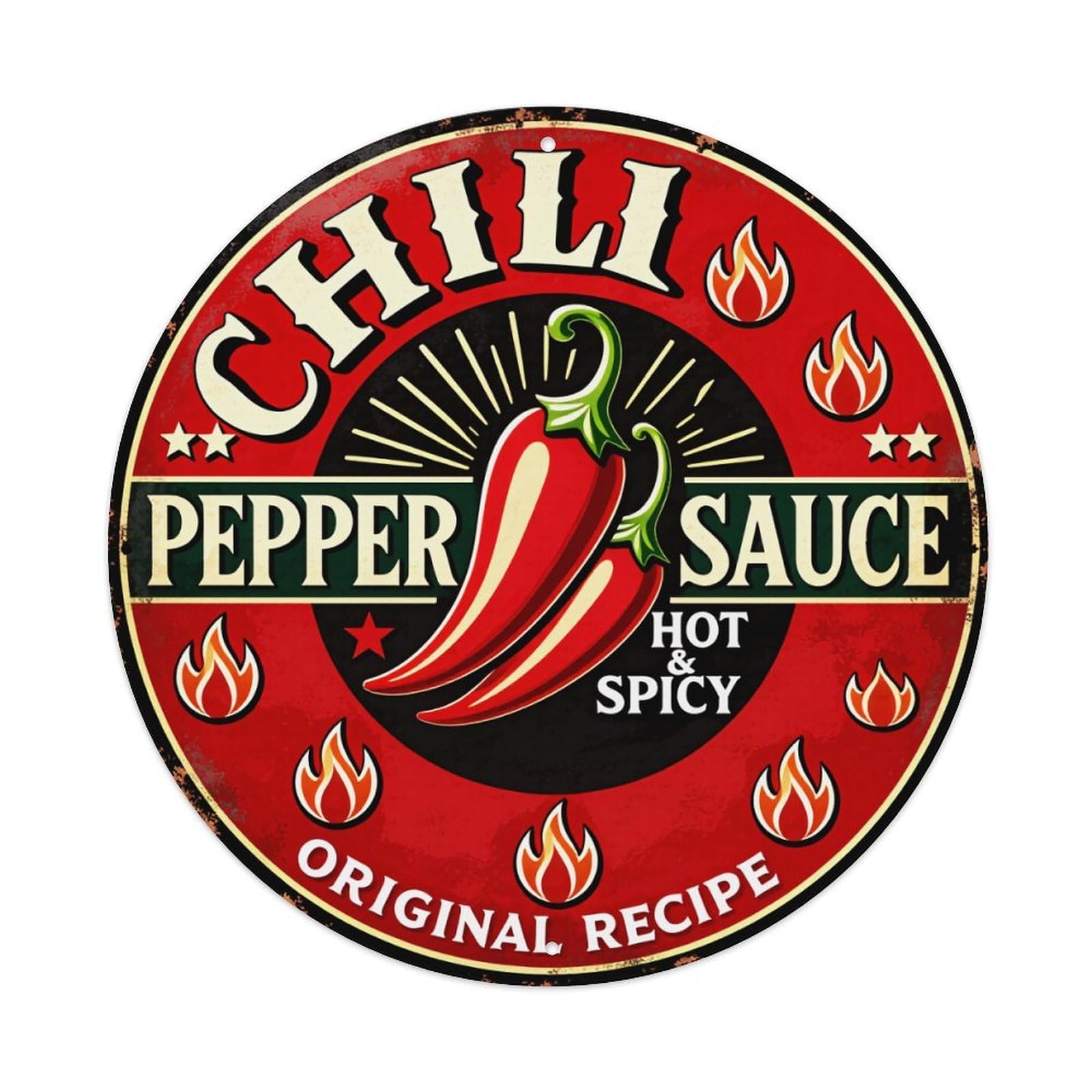 Lzwbntey Vintage Chili Pepper Sauce Hot Spicy Original Recipe Metal Tin Sign Retro Wall Decor For Home Bar Garage Cafe, Indoor & Outdoor Decorative，Circle Metal Poster, 8X8 Inch