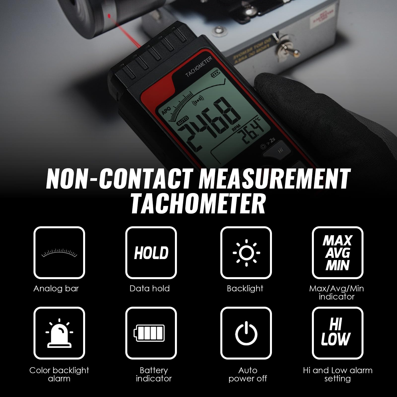 Tachimetro Digitale Sensore Fotografico Laser Senza Contatto Tachimetro di Velocità di Rotazione, Gamma da 2,5 a 99999 giri/min Alta Precisione con Funzione di Allarme Retroilluminazione Scala a Barre