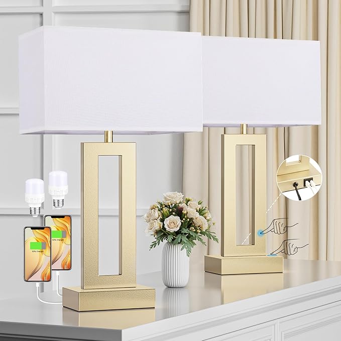 Lámpara de Mesa Noche Seealle Táctil con USB, 2 Unidades, Blanco y Dorado miniatura 2
