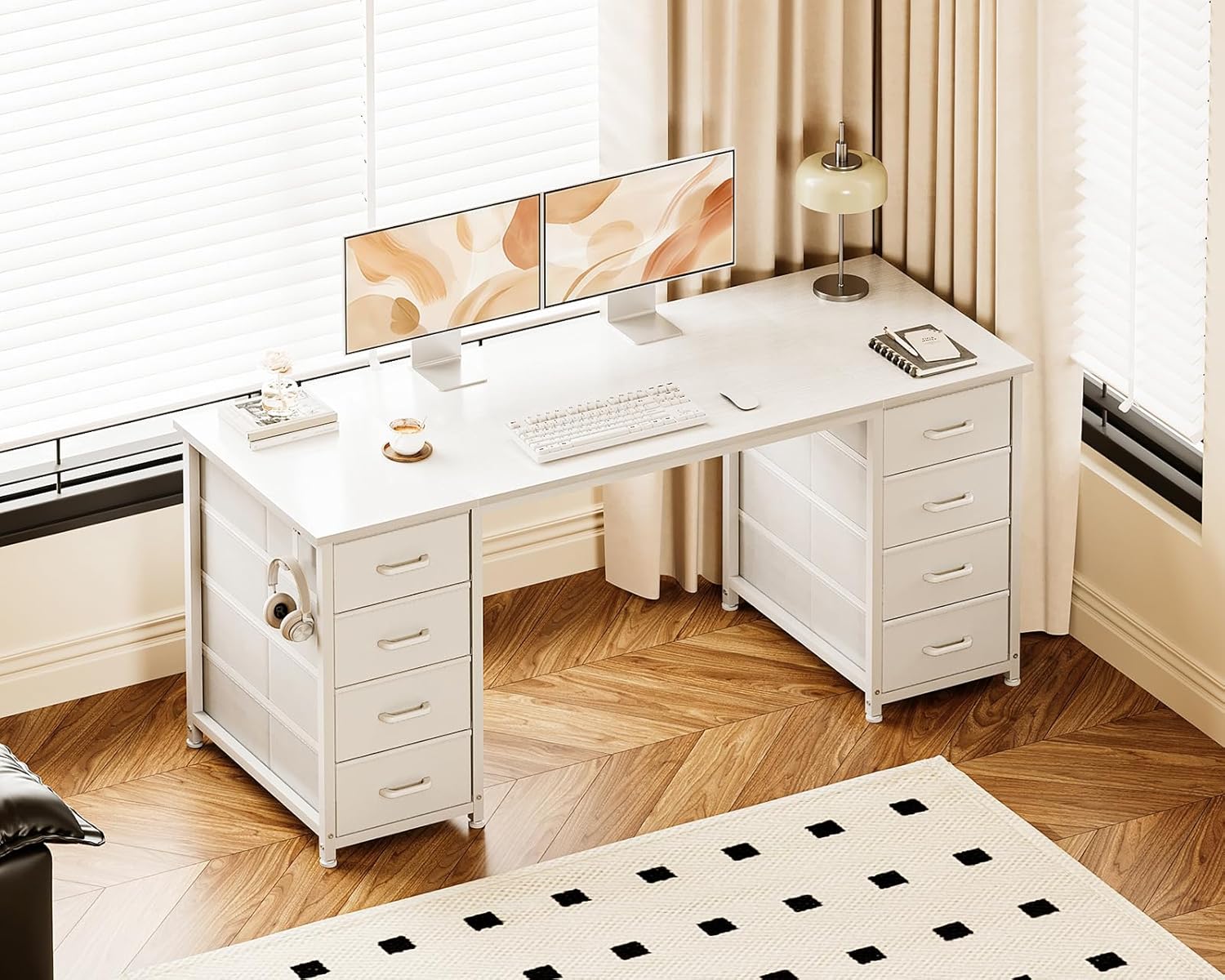 Casaottima 55 Inches Computer Desk with 8 Fabric Drawers, Modern Office Desk with Large Storage for Home Office, Study, White