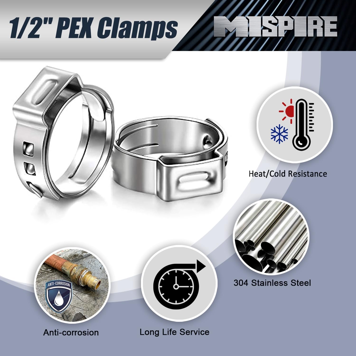 MISPIRE PEX-Klemmen 5/8 Zoll – 50 Stück Edelstahl 304, Für Rohrverschraubungen