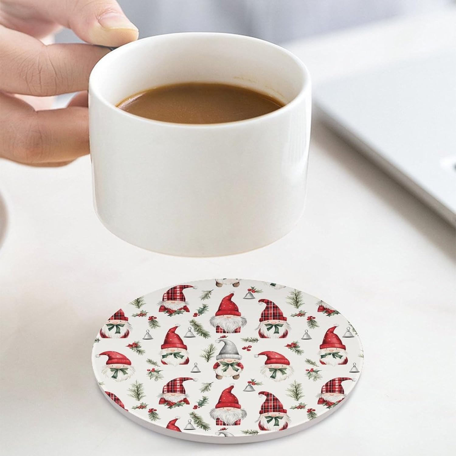 Christmas Cute Gnomes Round Ceramic Coasters Print Drinks Absorbent with Cork Base for Home Decor Gifts 4 Inch