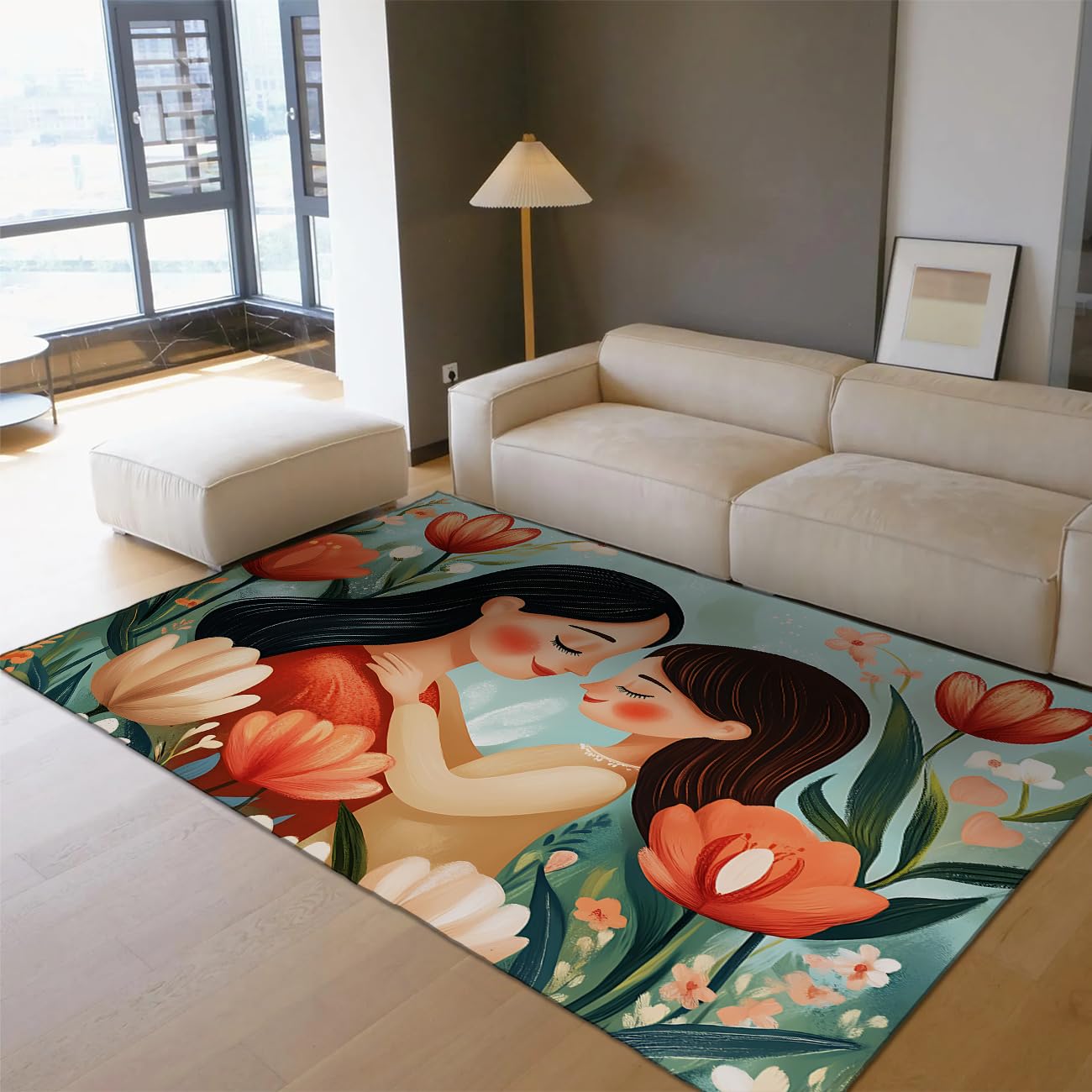 Dywan 160 x 200 cm macierzyństwo uściski między mamą i córką Obszar kwiatowy tulipan maszyna zmywalna mata antypoślizgowa dla noworodka duża cienka odporna na plamy