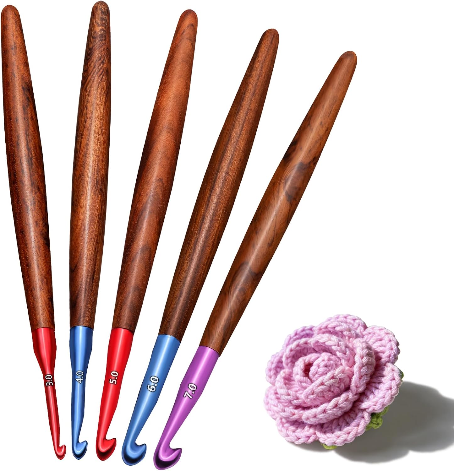 Giwrmu Crochet Hooks Set, Ergonomic Crochet Hooks 3 Pcs, Colored Aluminum Crochet Hook with Wooden Handle for Arthritic Hands Knitted Dolls, Gloves, Sweaters, Blankets - 3.0mm/5.0mm/7.0mm