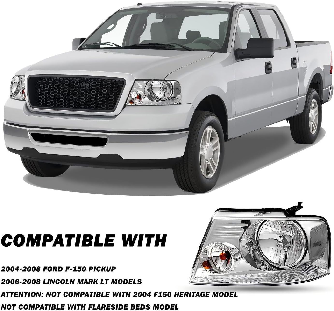 SOCKIR Headlight Assembly Replacement Compatible with 2004-2008 Ford F150 / 2006-2008 Lincoln Mark LT (Clear Housing with Clear Reflector)