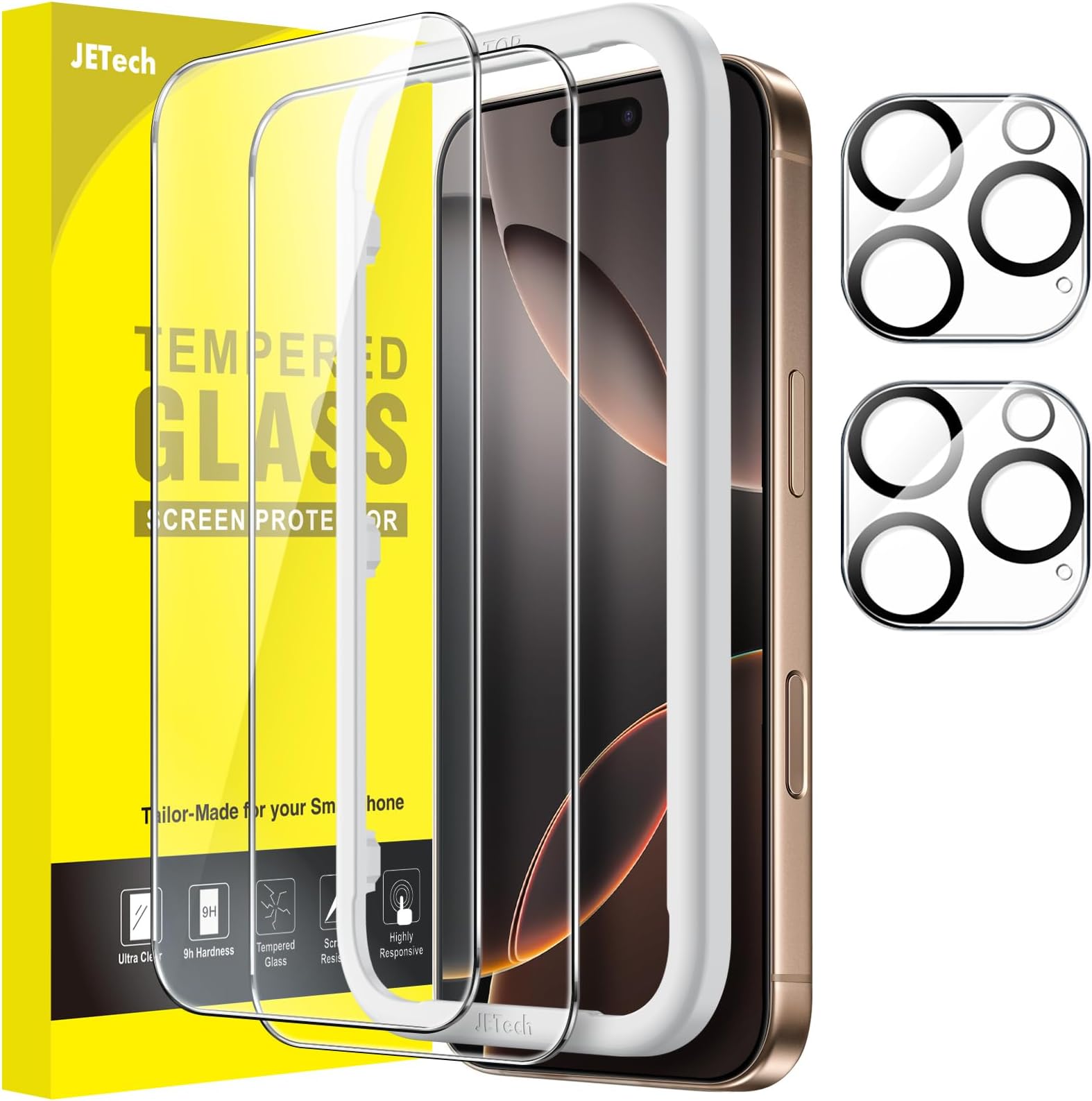 JETech Screen Protector for iPhone 16 Pro Max 6.9-Inch with Camera Lens Protector, Easy Installation Tool, Tempered Glass Film, HD Clear, 2-Pack Each