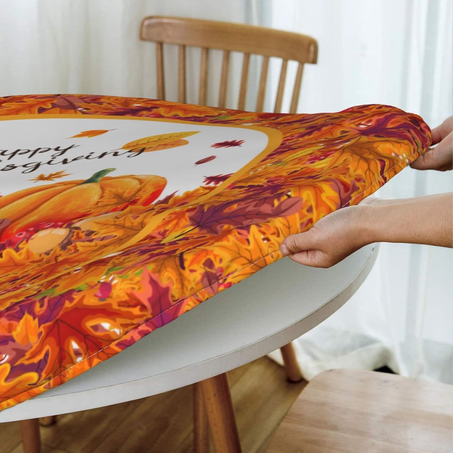 Thanksgiving Pumpkin Maple Leaf Tablecloths Round Tablecloth Fitted Elastic Table Cover Washable for Kitchen Dining Picnic Party Fit Table 45-50