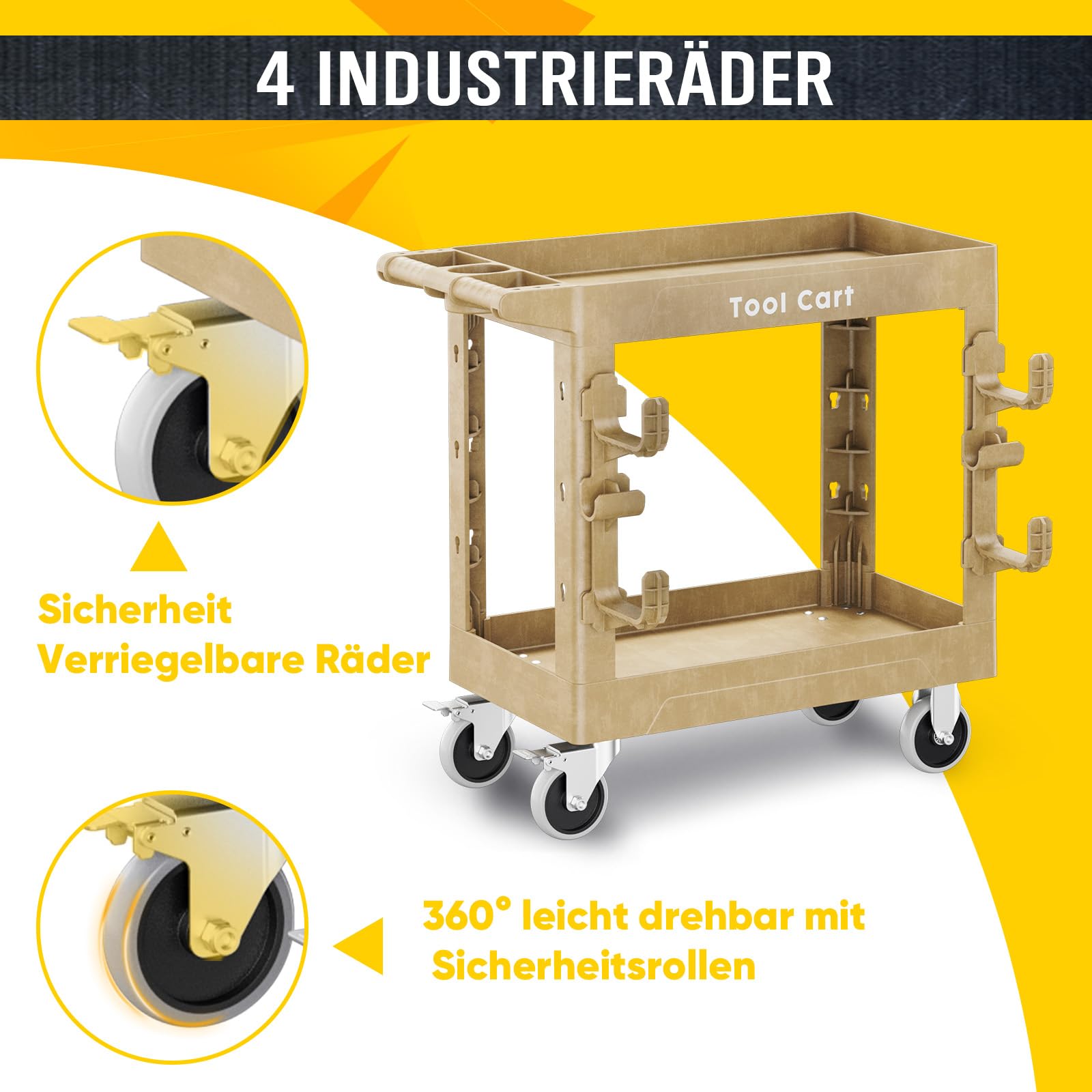 LDHTHOPI Servierwagen MAX 250kg,Werkstatt RollWagen 84.5x41.5x85cm mit 2 Lastaufnahmehaken,Schwerlast Kunststoff Vielzweckwagen 2 Lenkrollen mit Bremse,Holzfarbe,für Lager Garagen Büros Gärten Hotels