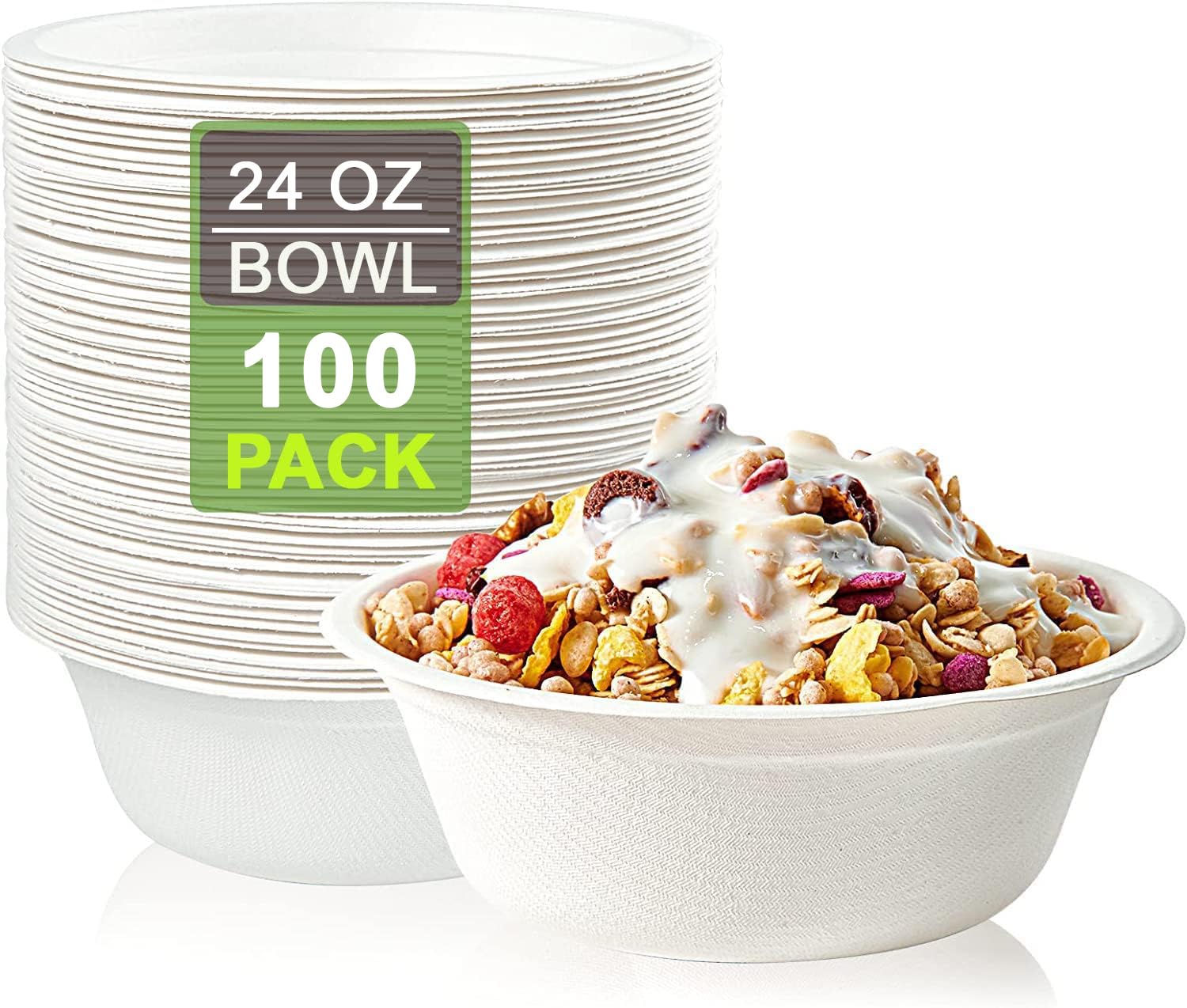 100 Pack - 24 Oz/750 ml, Bagasse Bowls, Biodegradable and Compostable, Eco-Friendly White Sugarcane Paper Bowls Perfect for Milk Cereals Snacks Salads Picnics & BBQ Parties โ image 1