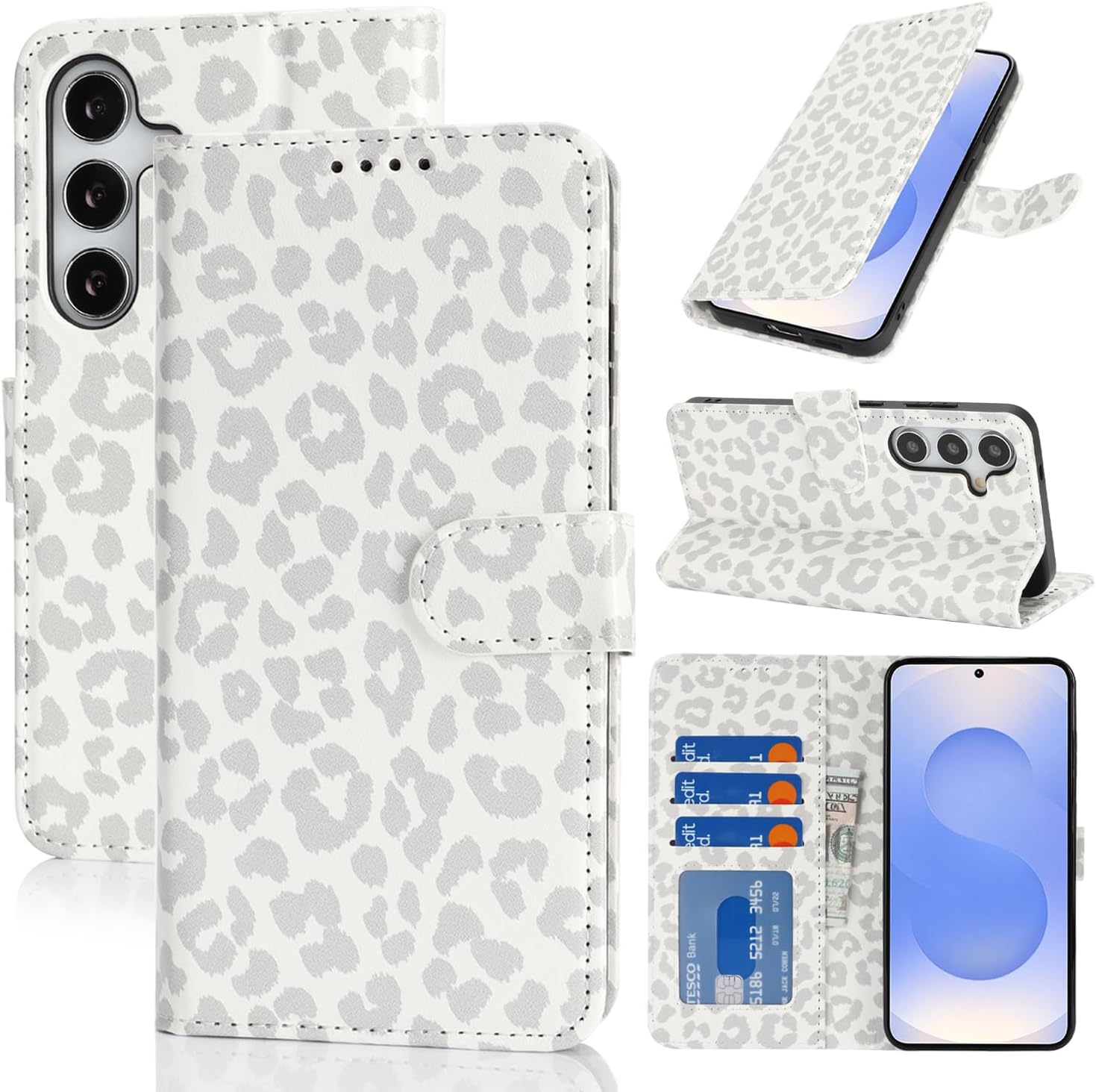 for Samsung Galaxy S25 Case Wallet with Card Holder,Galaxy S25 Wallet Case for Men Women,PU Leather Magnetic Clasp Stand Flip Phone Case Cover-White Leopard