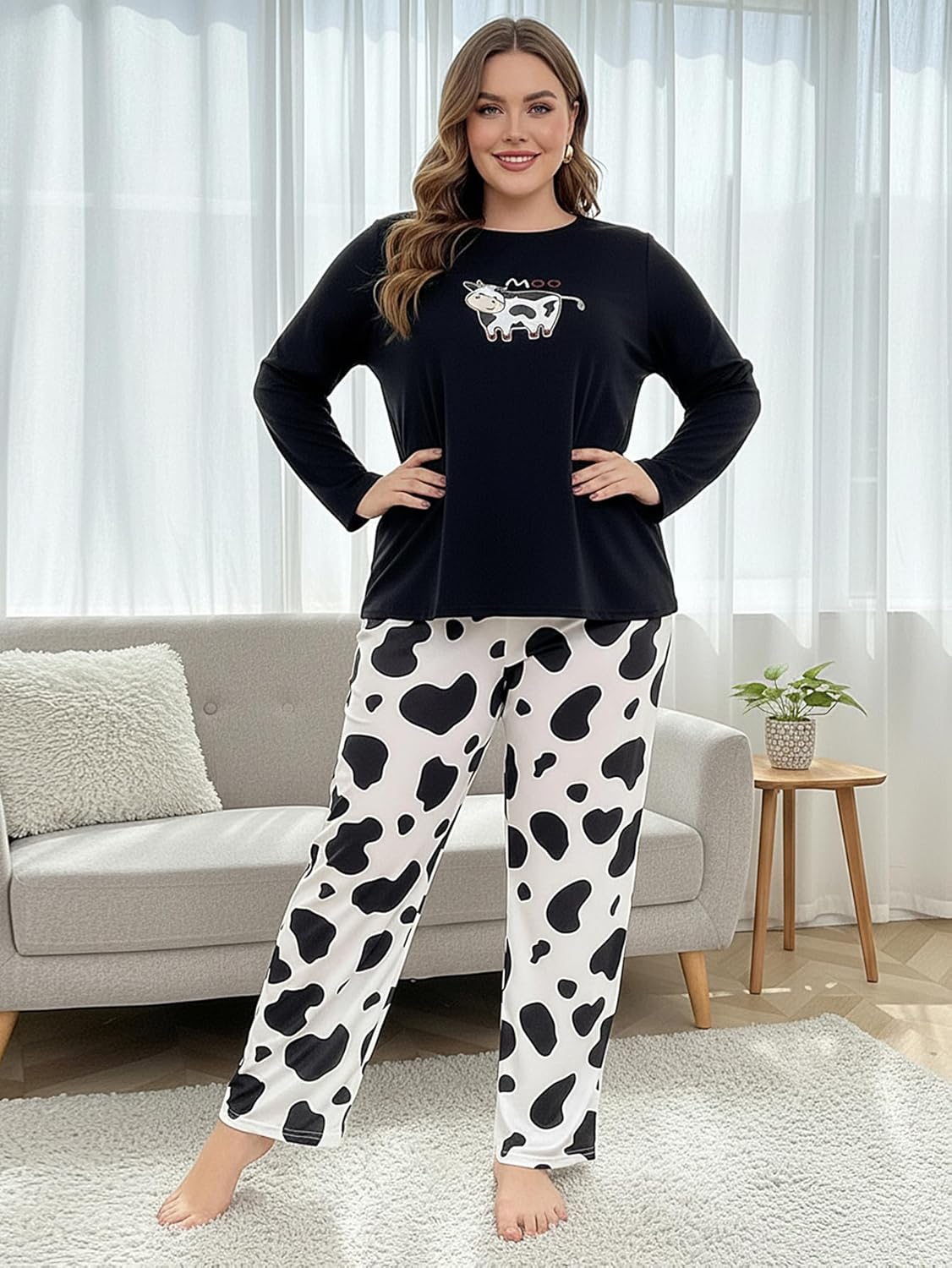 Women's Plus Size Cow Print Pajama Set Cute Crew Neck Long Sleeve T Shirt and Pants Loungewear - Image 4