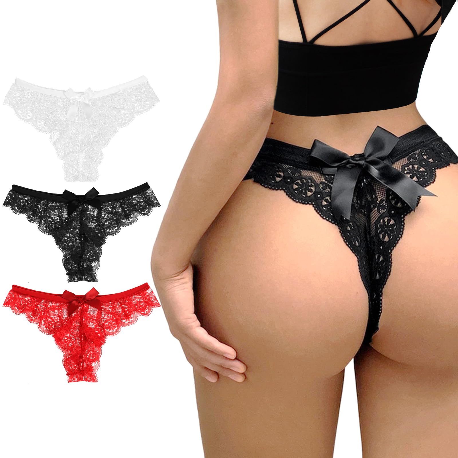 Telooco Women Sexy Panties 3 Pack Lace Bow Thongs Low Waist Panties V-Shape Naughty Cheeky Underwear for Bride