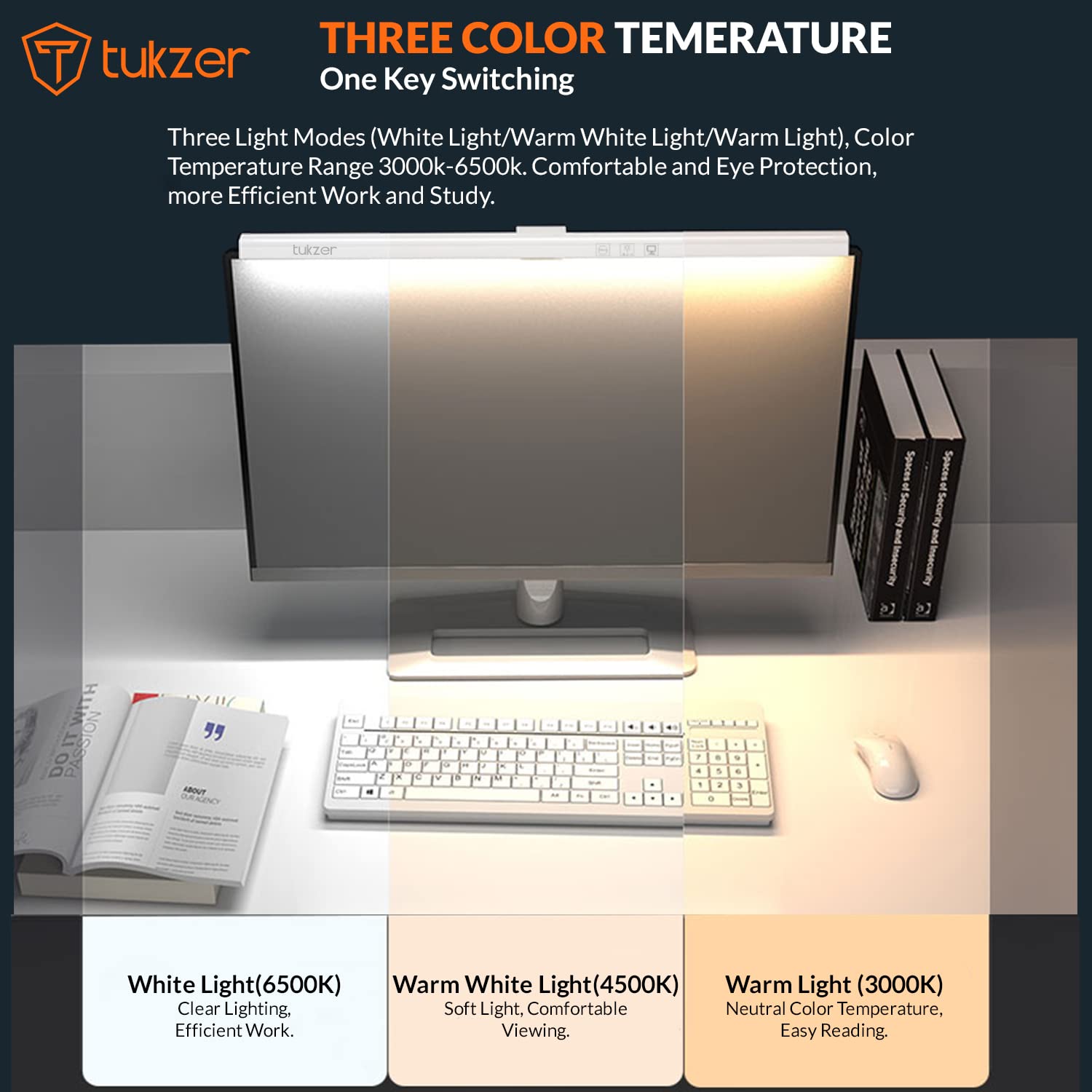 Illustration of three color temperature modes: Warm Light, Warm-White Light, and White Light