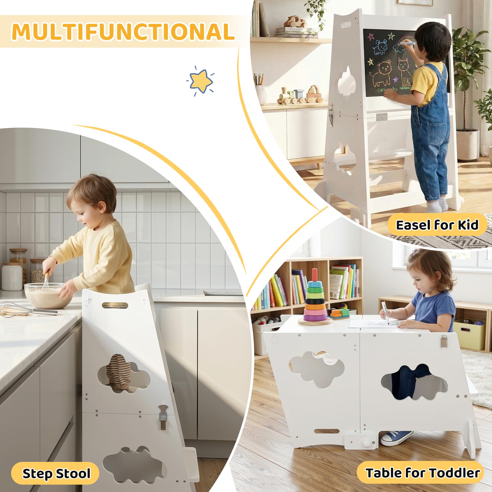 KIDINIX Lernturm ab 1 Jahr, 3 in 1 Montessori Learning Tower mit Sicherheitsgeländer und Tafel, Klappbarer Lernstuhl Kinder mit Tischfunktion für Küche, Bad, Weiß