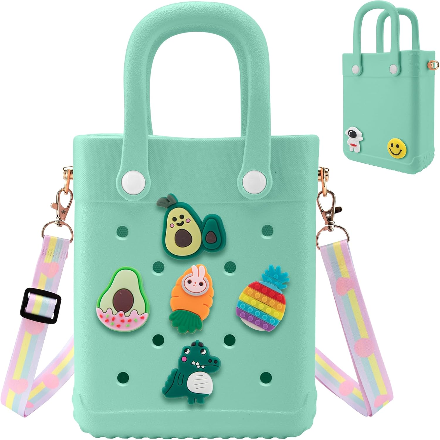 BKFOLIUM Mini Rubber Tote Bag, EVA Beach Tote with 30 Charms, Cute Bag for Little Girl & Women with Adjustable Shoulder Strap