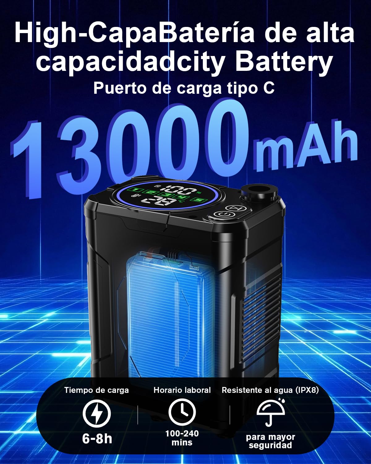 Ducha Camping Portatil, [13000mAh Batería][Pantalla Led] Spopal Ducha Electrica Recargable, 240 Minutos de Autonomía, IPX8 Impermeable, 5 Velocidades, Para Viajes Aire Libre, Acampar, Limpiar Mascotas