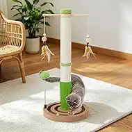 Cat Scratching Post, 26 Inch Tall Scratching Posts for Indoor Cats Adults and Kittens, Small Cat Scratch Post with Rotatable Hanging Toys, Rubber Brush and Double-Layer Interactive Wooden Ball Track