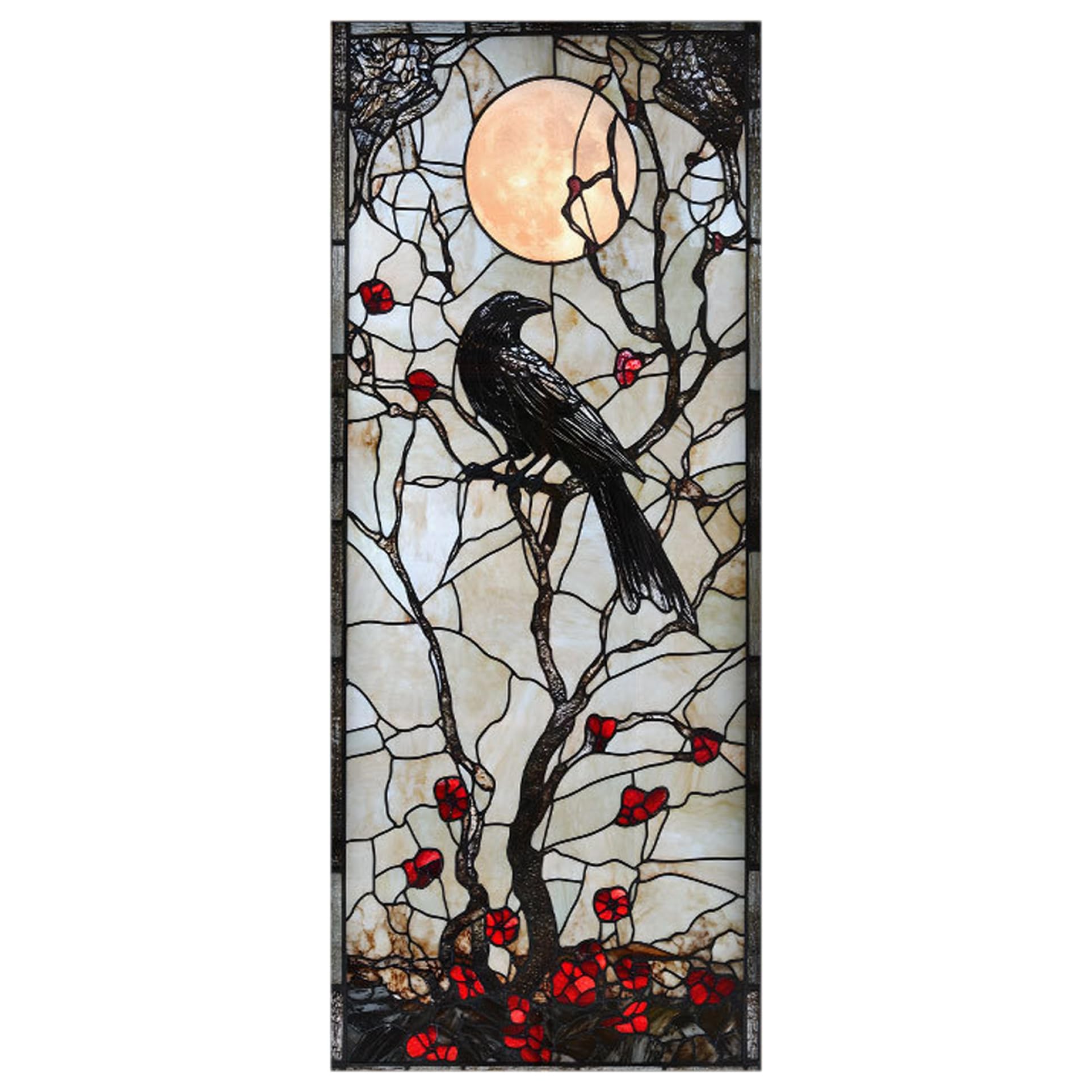Stained Glass Window Privacy Film 18x39" Double Side Gothic Window Film Raven Moon Berry Vines Static Cling Sticker for Halloween Home Decor Stained Glass