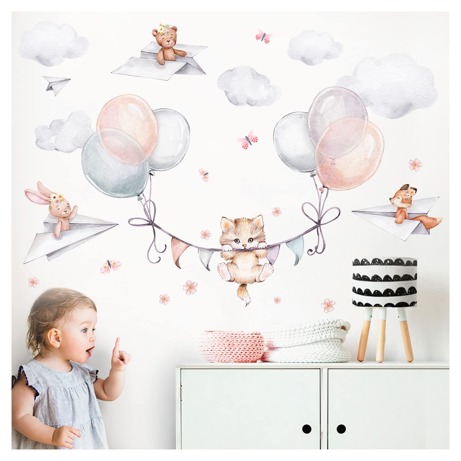 Sticker mural chat avec ballons pour décorer la chambre de bébé DL840-2