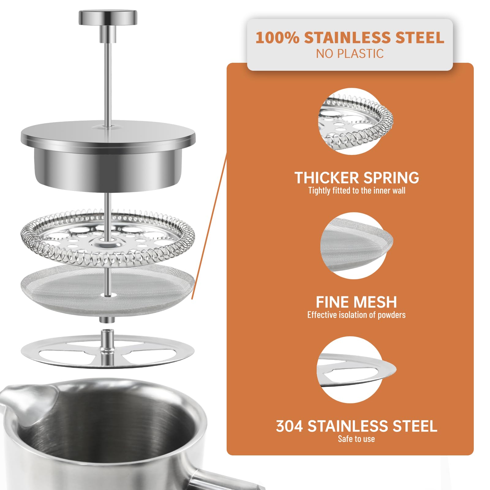 French Press Caffettiera pistone filtro in acciaio inossidabile caffè americano macchina per caffè o tè - 1000ml / 8 tazze