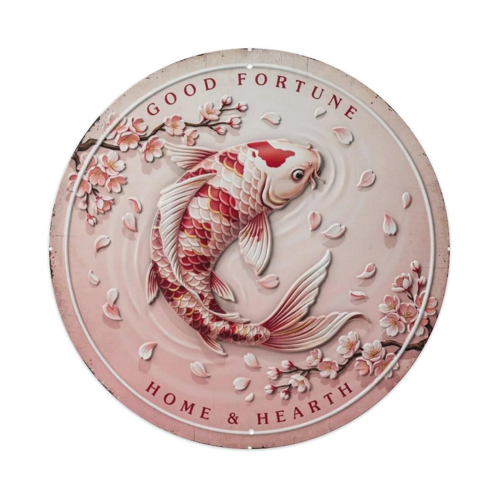 Cherry Blossom Koi 3D Round Metal Tin Sign Plaque