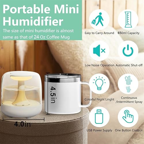 Miniatura 4 de Mini humidificador de niebla fría para el dormitorio del hogar, difusor de aceite esencial de relleno superior de 22.0 fl oz con 7 ajustes de luz