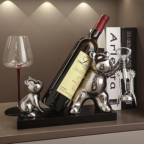 Miniatura 3 de Estante de vino de mesa, soporte para botellas de vino de doble oso con sacacorchos, soporte de cerámica plateado independiente para botella de