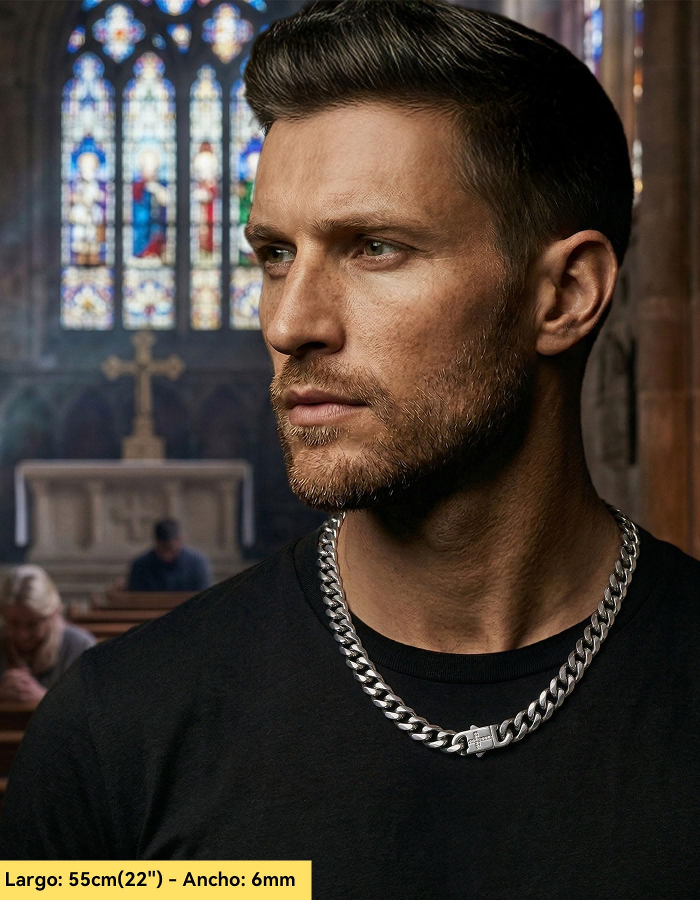 ChainsHouse Collar Colgante Cruz Hombre Cadenas Cubanas Acero Inoxidable Cierre Clip con Crucifijo Impermeable, 46cm -61cm Largo 6mm Ancho, Joyero Incluido