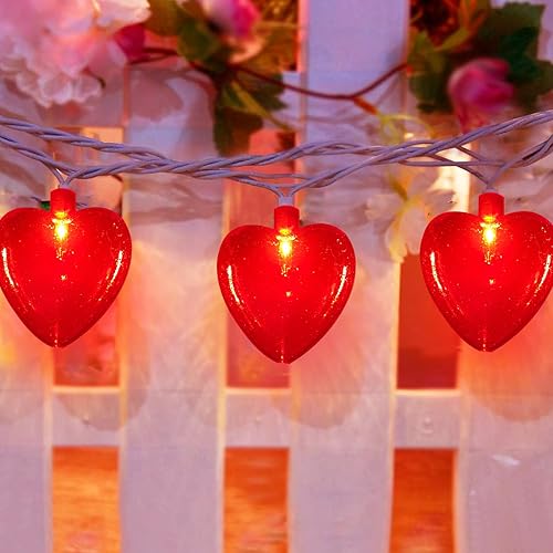 Miniatura 3 de Guirnalda de luces de corazón rojo, 8.5 pies, luces de decoración del día de San Valentín con 10 luces de corazón con purpurina, luces de hadas de