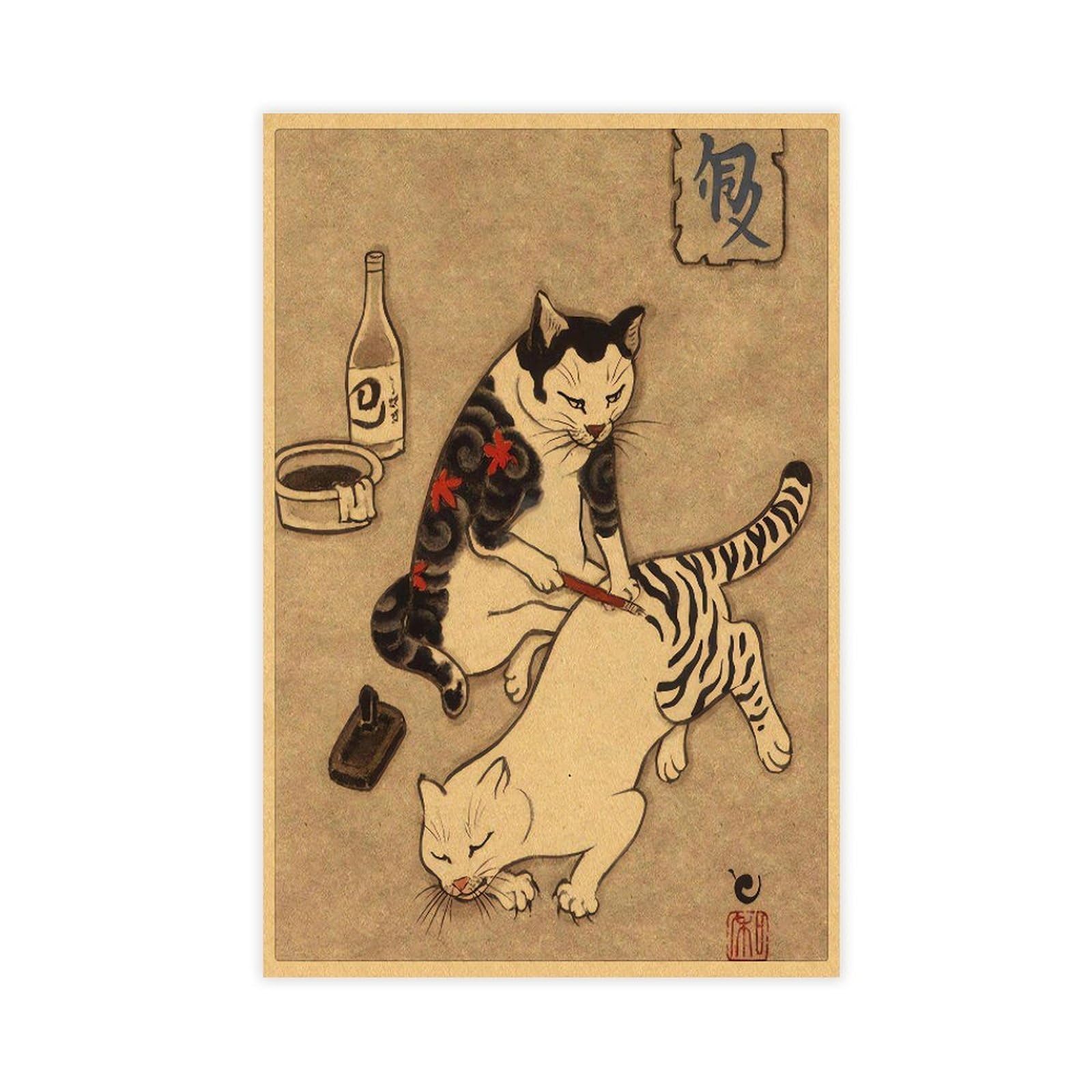 Qnvjqkdsi Unframe Japanese Samurai Cat Tattoo Cat Vintage Art Canvas Poster Wall Art Decor Print Picture Paintings For Living Room Bedroom Decoration 24" L X 36" W