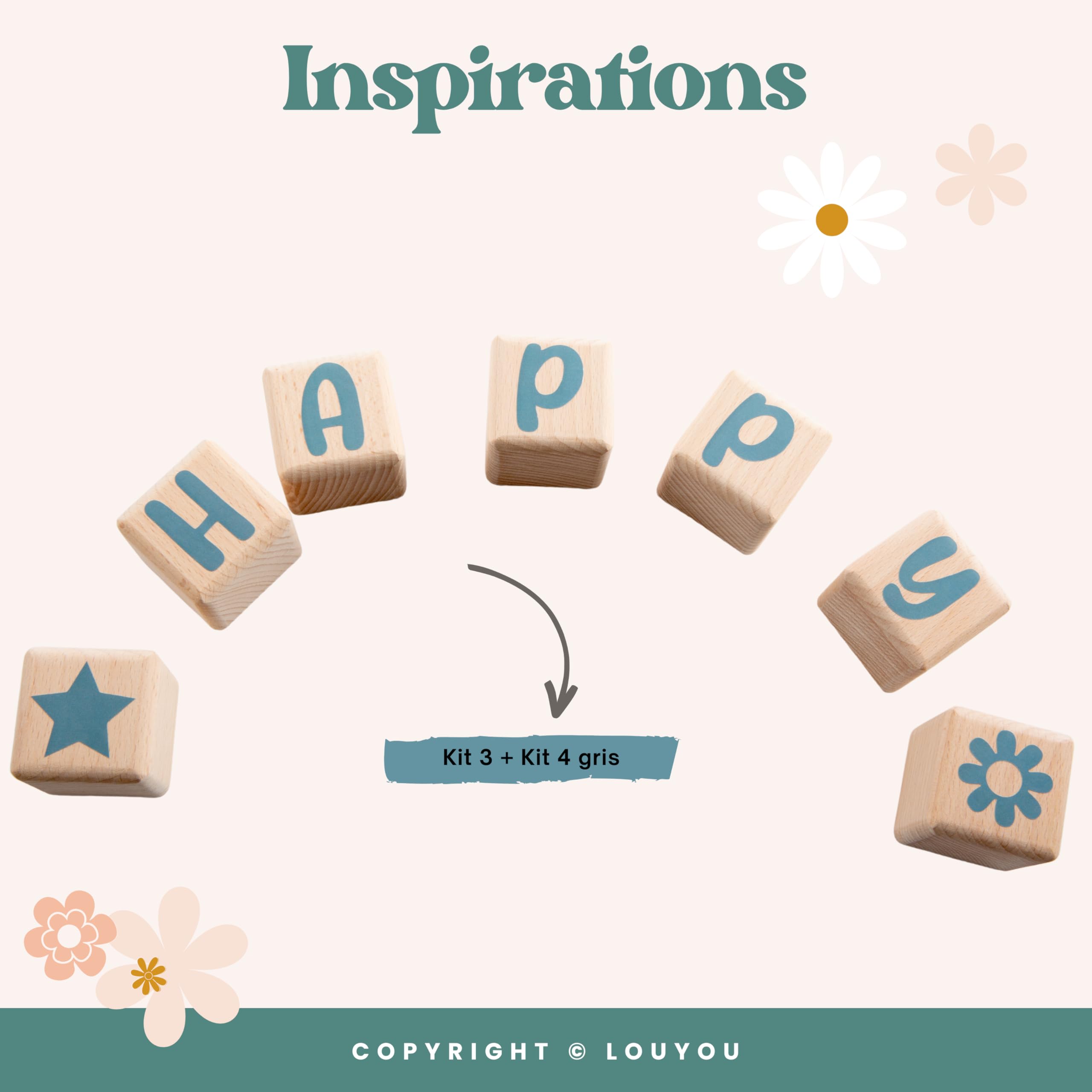 Cubos de Madera de 5cm x 5cm Kit de 4 Cubos con Pegatinas Grises - Letras de Madera de Gran Tamaño, Nombre Personalizado, Decoración para Habitación Infantil y Regalo de Nacimiento (Gris, 4)