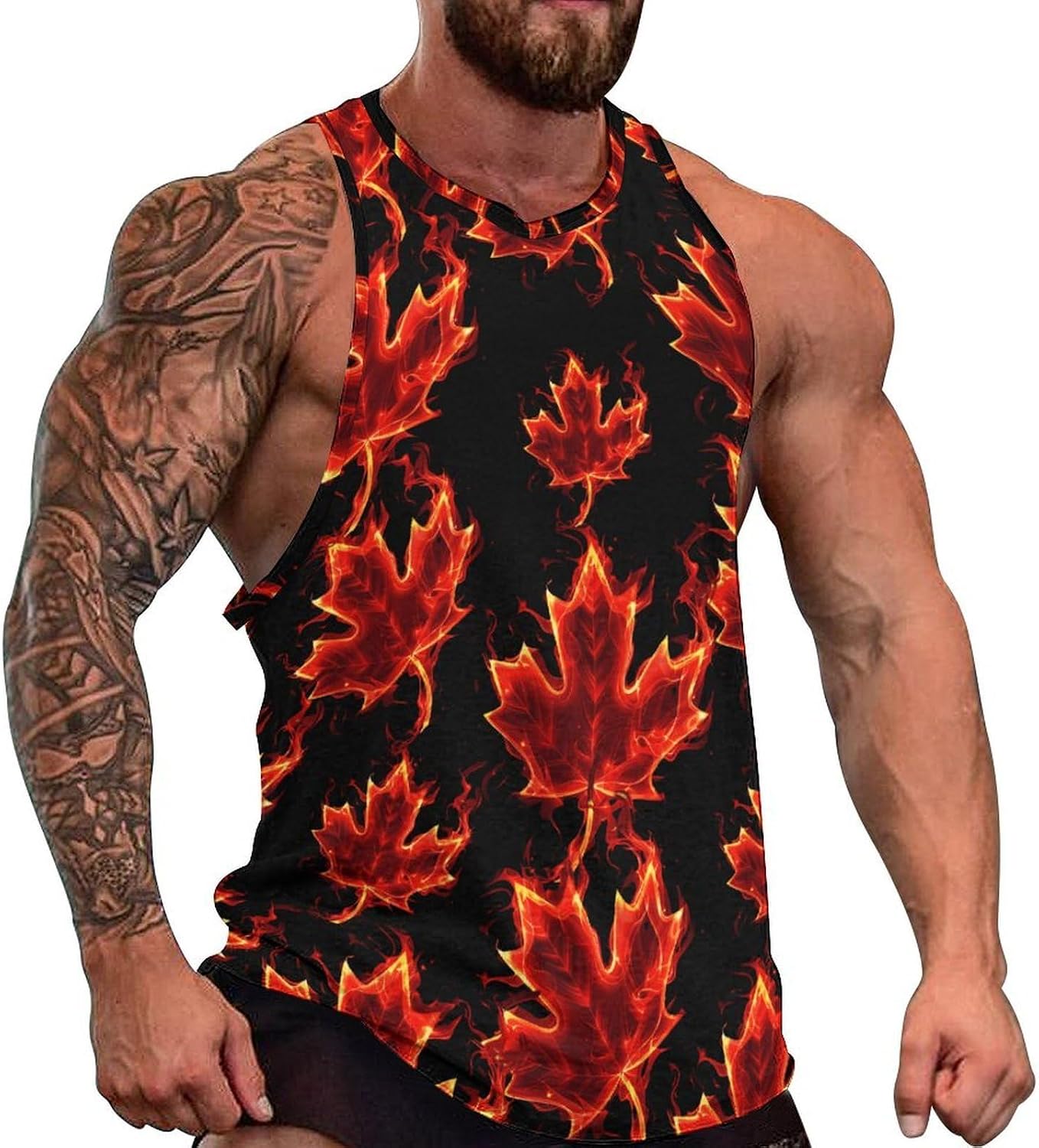Canada Flag Maple Flame Men's Tank Tops Sleeveless Muscle Shirts for Men Lightweight Vest Crew Neck T-Shirts