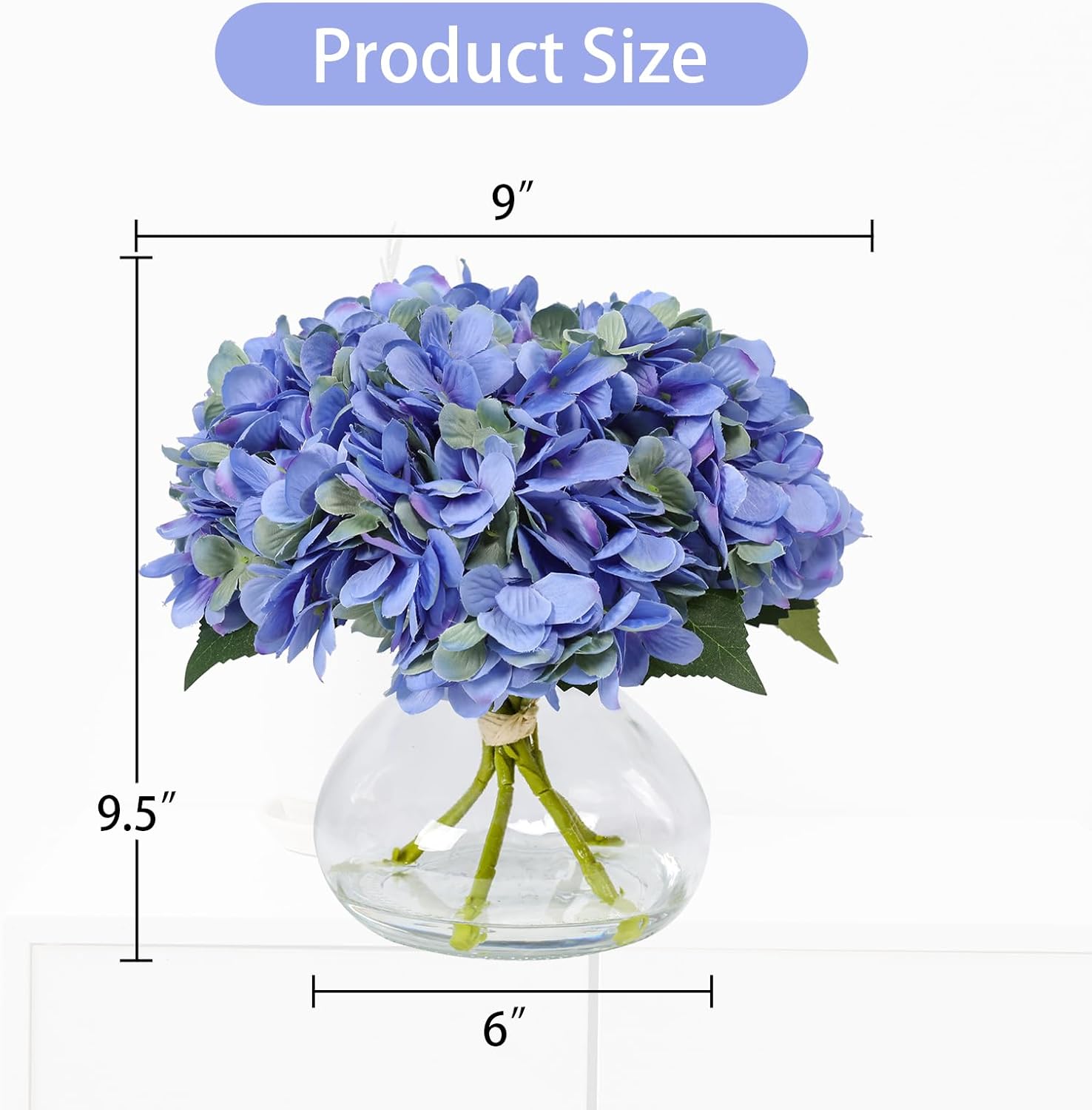 Bdor Blue Hydrangea Artificial Flower Arrangement in Clear Glass Vase, Faux Hydrangea Bouquet with Realistic Water – Table Centerpiece for Home, Living Room, Bedroom, Office Decor