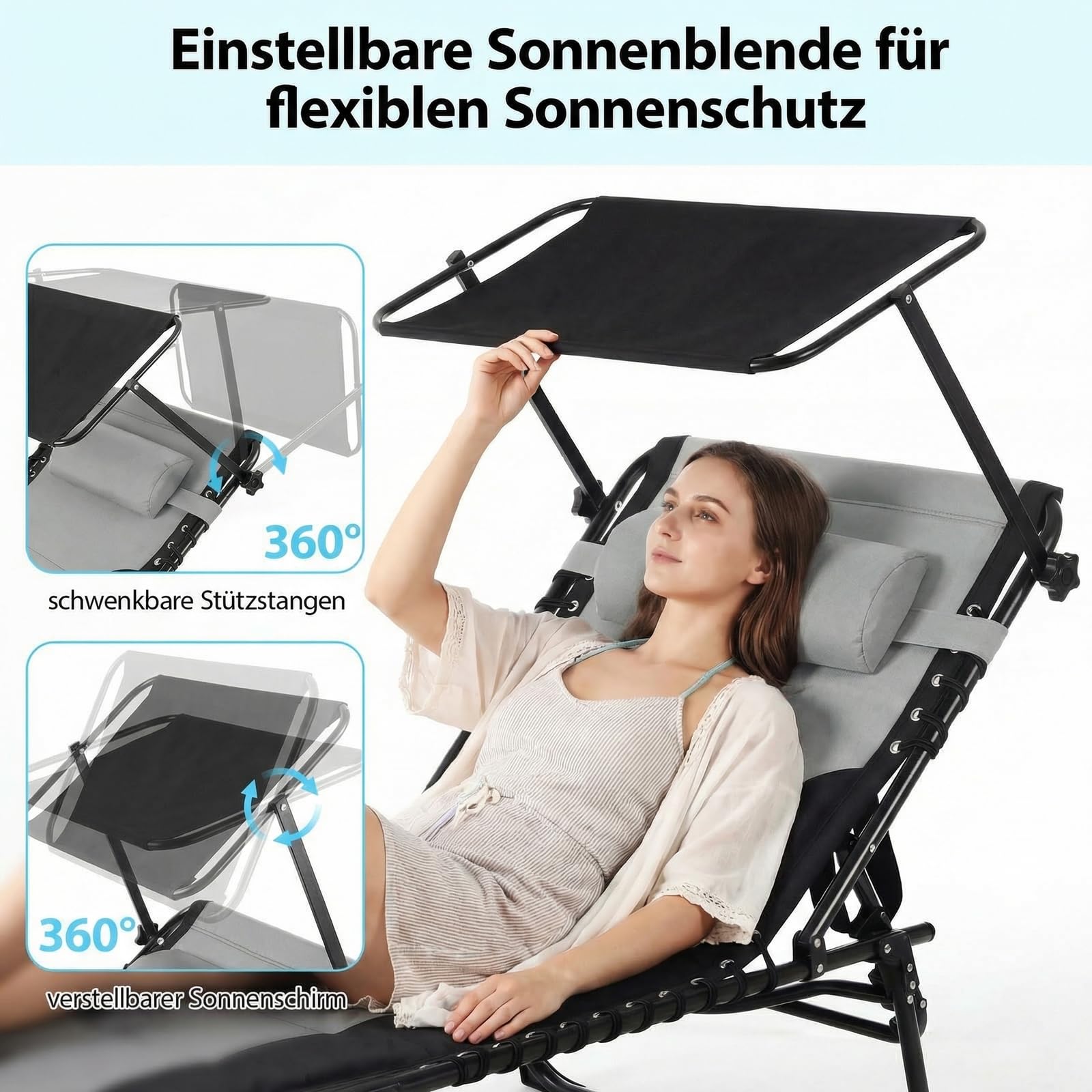 Clevich XXL Sonnenliege klappbar mit Dach, 199 × 66 cm extra breit, gepolstert, Liegestuhl verstellbar mit 5 Rückenlehnen und 2 Beinpositionen, bis 150 kg belastbar, für Pool, Garten, Balkon