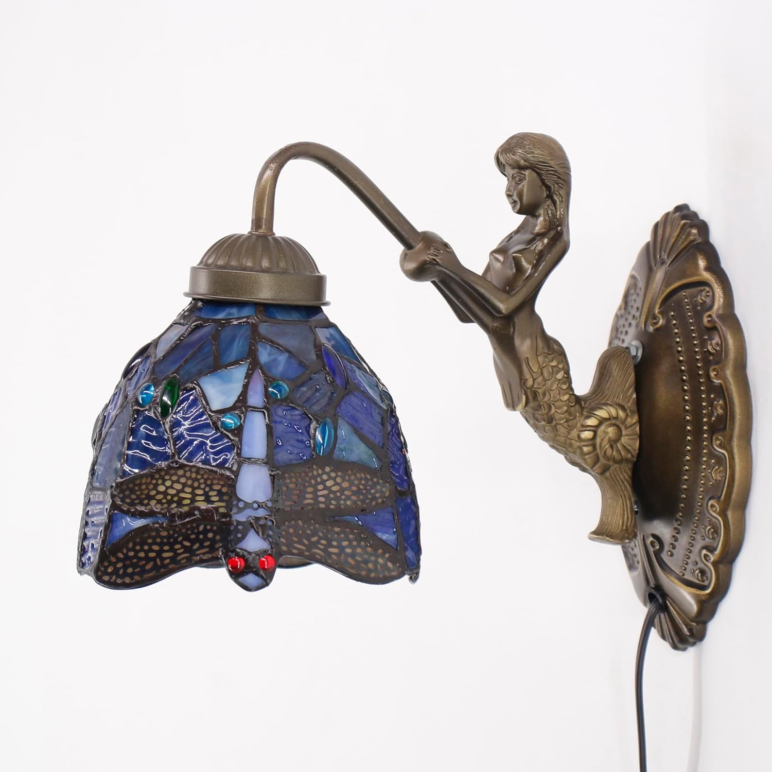 Tiffany Mermaid Wall Lamp Insert Colored Glass Bedside lamp 6X12X11 inches, Suitable for Living Room, Bedroom and Corridor (Blue Dragonfly Style)