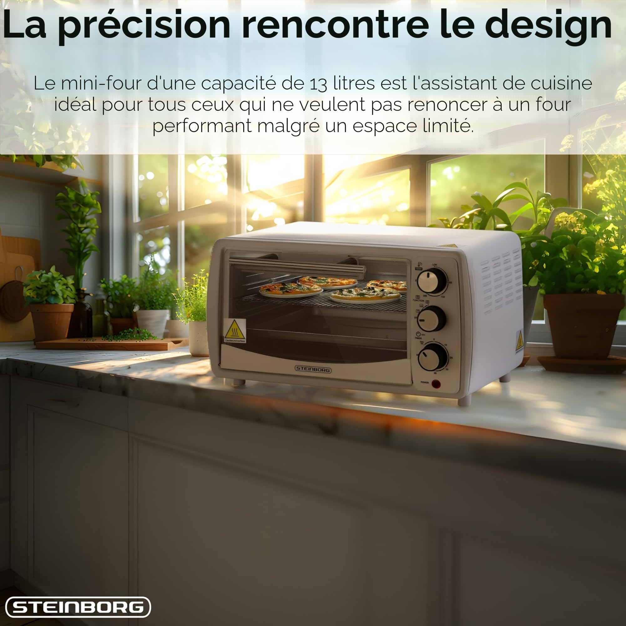 Mini four 13 l, 1200 W, 65 à 230 °C, avec minuteur, plaque ramasse-miettes rabattable, petit