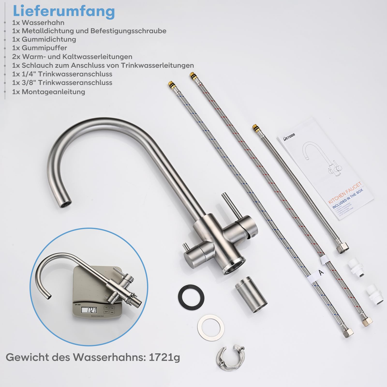 3-Wege-Küchenarmatur, DETBOM Wasserhahn für Küche mit Osmoseanlage, 360° drehbar, Doppelhebel, 3 in 1 Spültischarmatur für Wasserfilter, Edelstahl Gebürstet