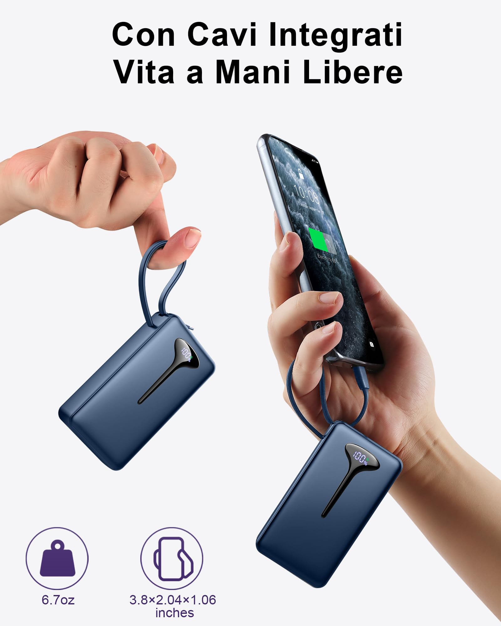 Power Bank, 10000mAh Mini Caricatore Portatile 22.5W Ricarica Rapida, Ultra Portatile Powerbank con USB C Cavo Integrato, Batterie Esterna di 3 porte uscita per iPhone 16 Samsung Xiaomi Android iPad